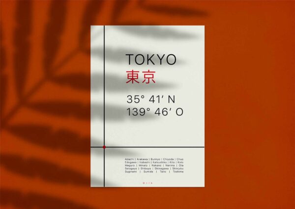 Das Tokyo Poster ist an einer roten Wand angebracht mit dem Schatten eines Farns darüber
