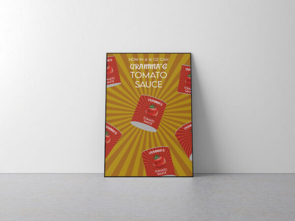 Das TOMATO SAUCE Poster eingerahmt auf dem Boden stehend